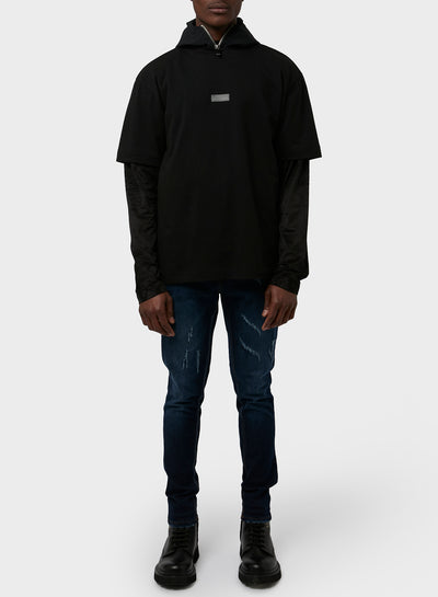 DOUBLE LAYER TECHINCAL SUED/JERSEY AND NYLON HOODIE T-SHIRT