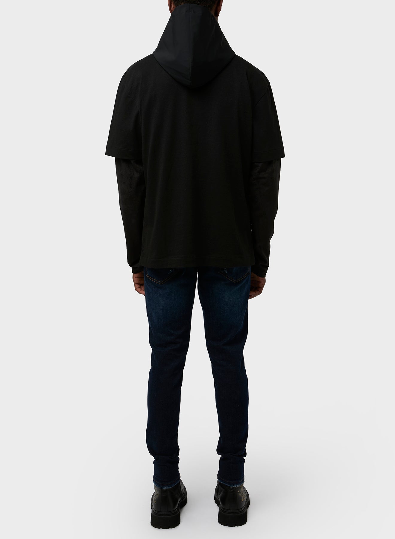 DOUBLE LAYER TECHINCAL SUED/JERSEY AND NYLON HOODIE T-SHIRT